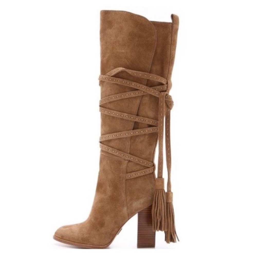 Michael Kors Jessa Split Suede Wrap Knee High Boot Tassels 39.5 Tan READ